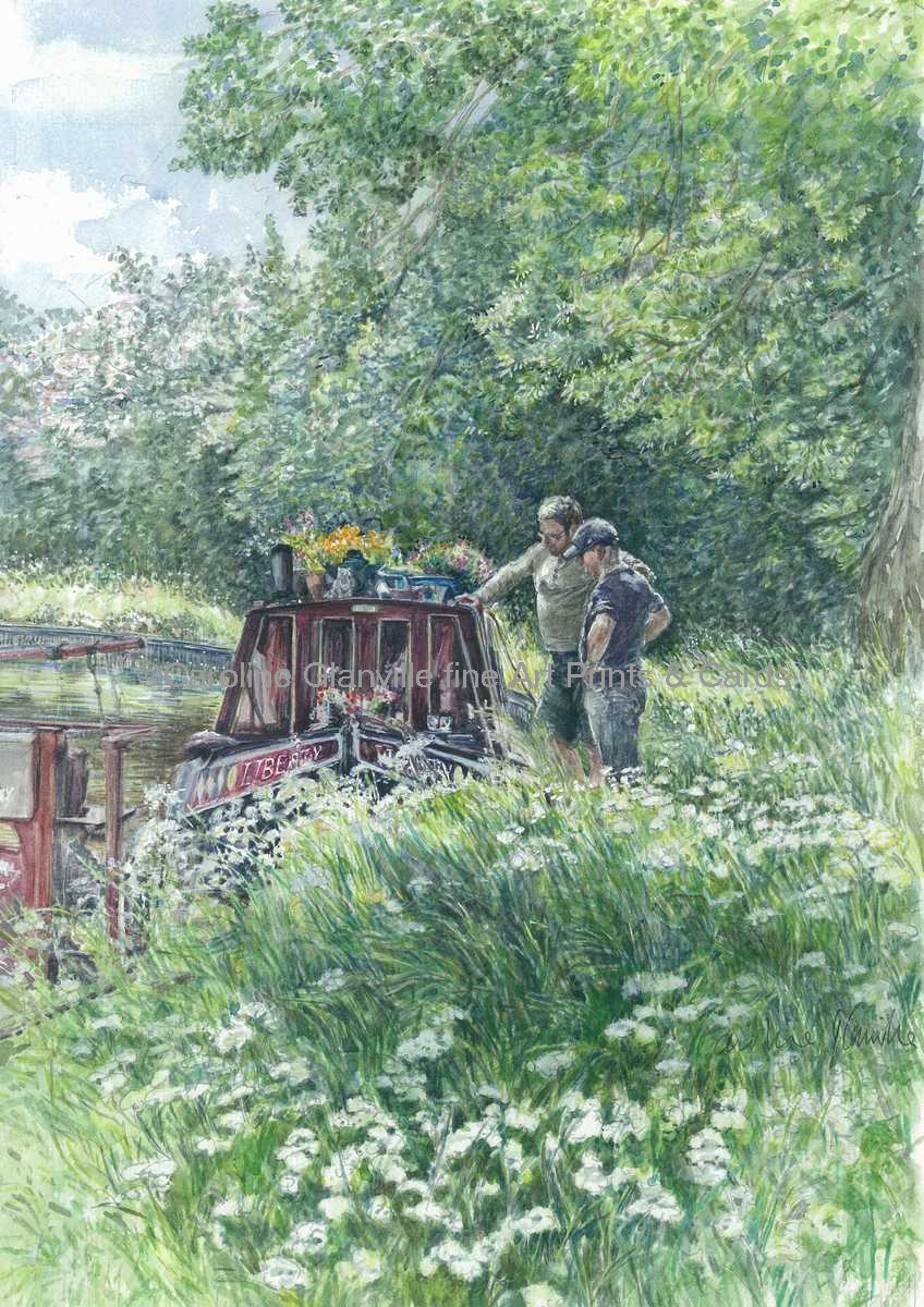 Canal boat men, painting by Caroline Glanville